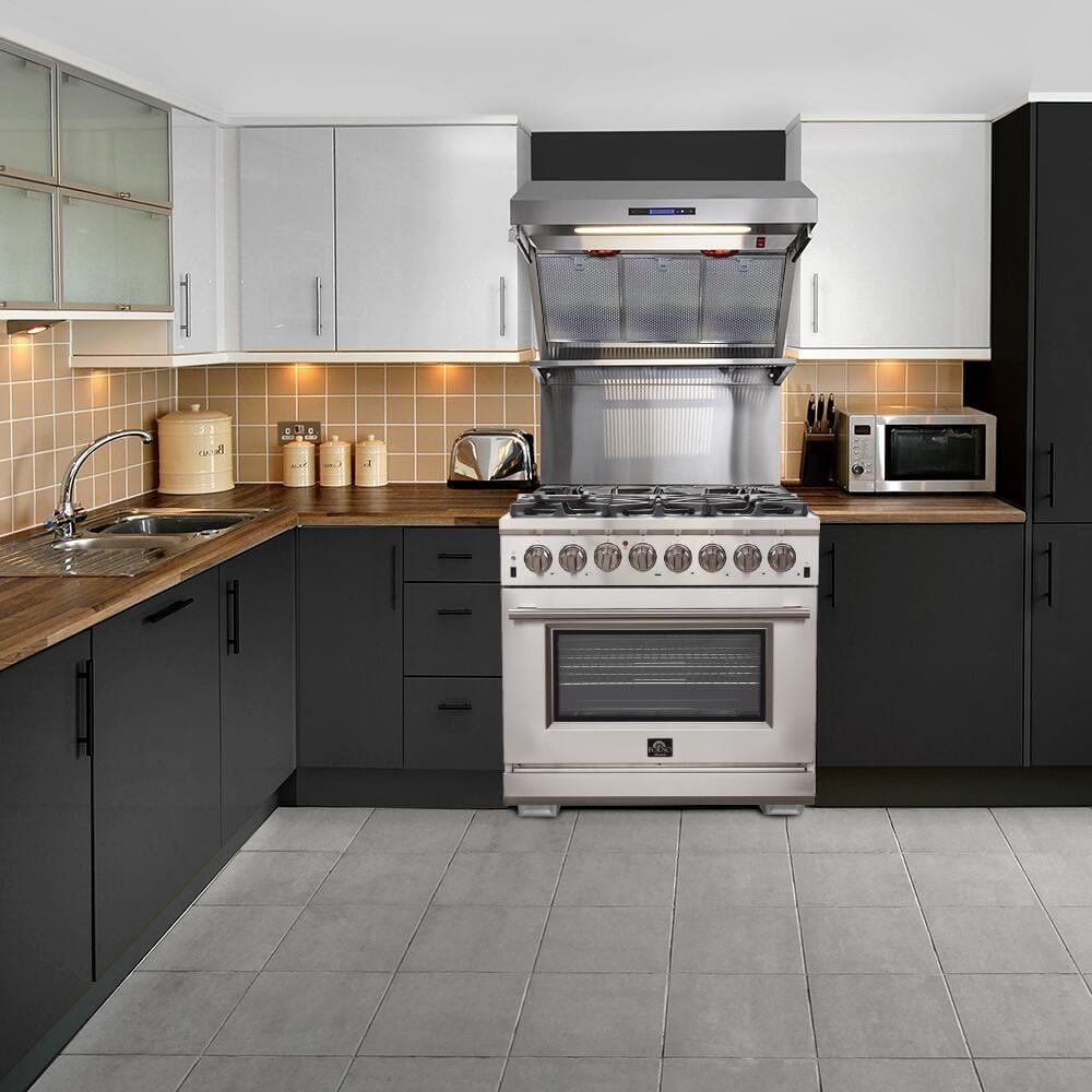 Forno Appliance Package - 36 Inch Dual Fuel Range, Wall Mount Range Hood, Refrigerator, Microwave Drawer, Dishwasher, AP-FFSGS6156-36-8 - ShopHubDepot
