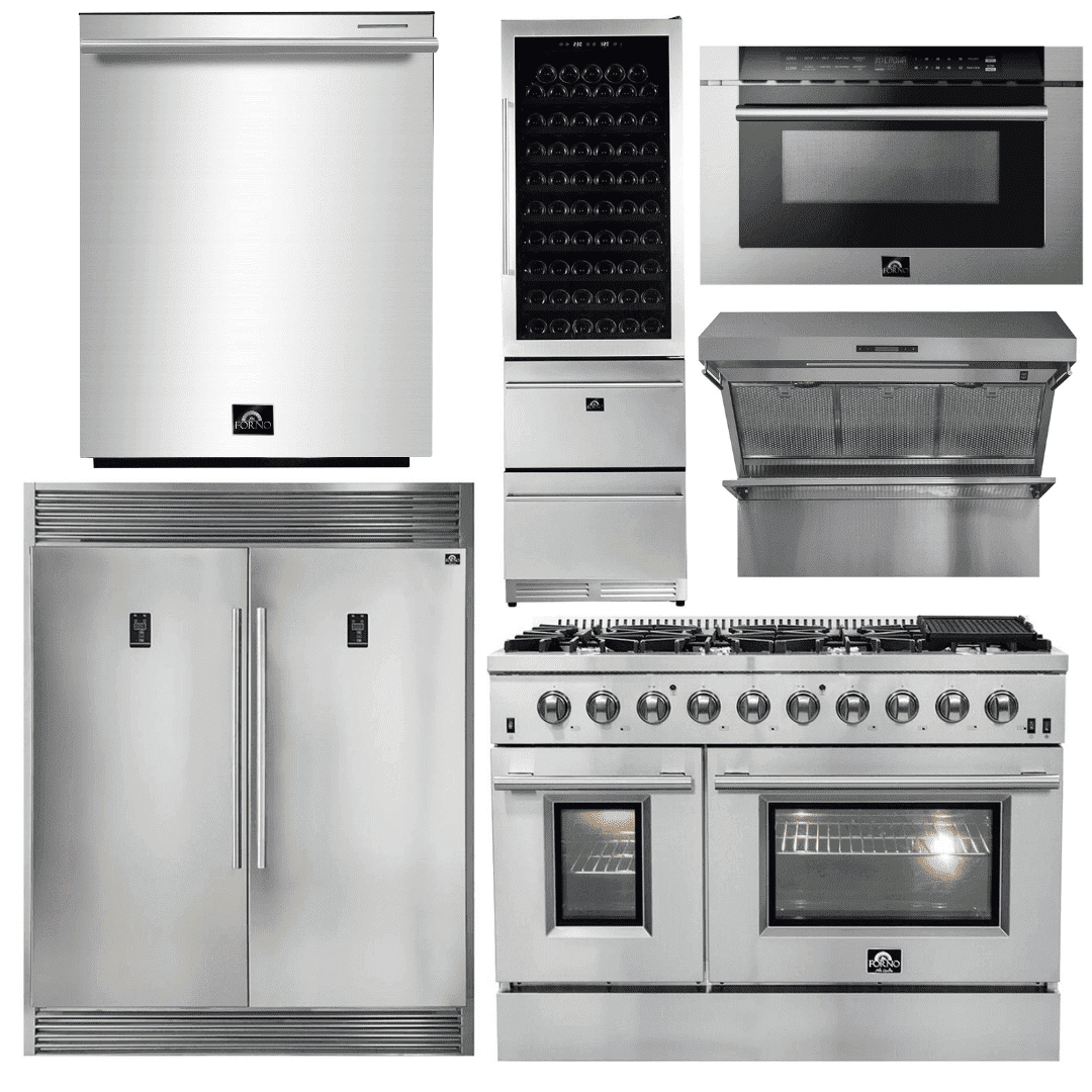 Forno Appliance Package - 48 Inch Gas Range, Range Hood, Refrigerator, Microwave Drawer, Dishwasher, Wine Cooler, AP-FFSGS6244-48-9 - ShopHubDepot