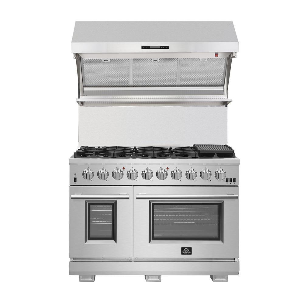 Forno Appliance Package - 48 Inch Dual Fuel Range, Range Hood, Refrigerator, Microwave Drawer, Dishwasher, Wine Cooler, AP-FFSGS6156-48-9 - ShopHubDepot
