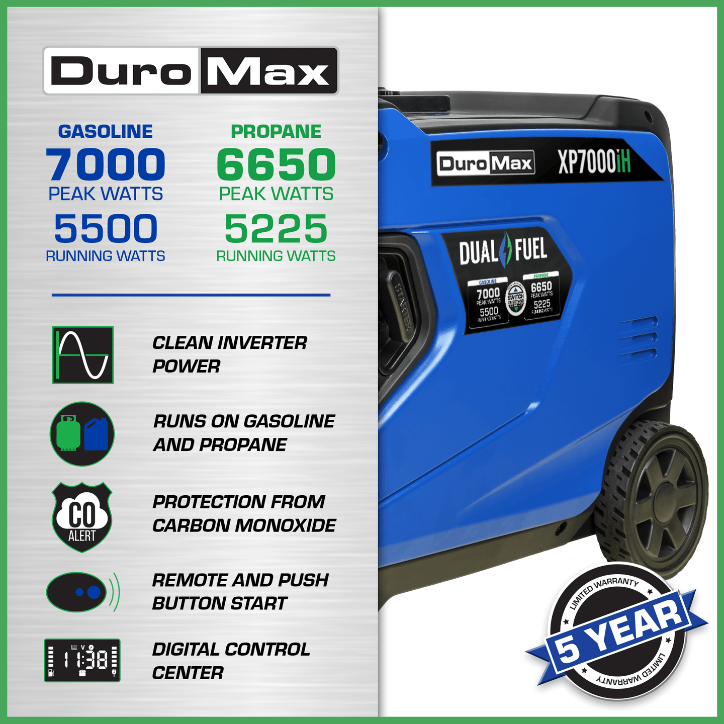 DuroMax XP7000iH 7,000 Watt Portable Dual Fuel Inverter Generator w/ CO Alert - ShopHubDepot