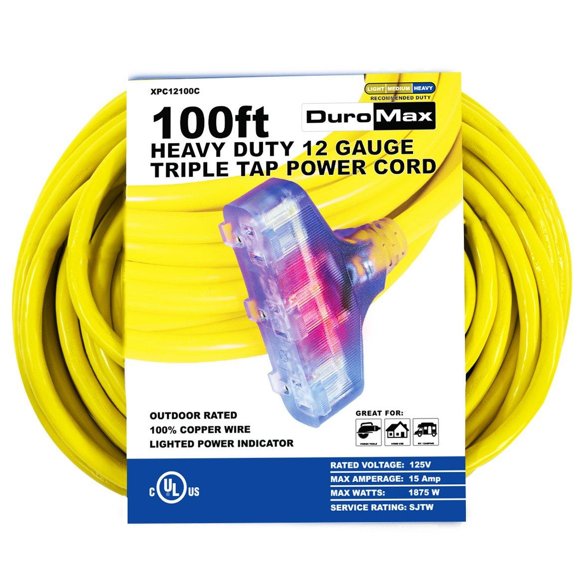 DuroMax XPC12100C 100-Foot 12 Gauge Triple Tap Extension Power Cord - ShopHubDepot