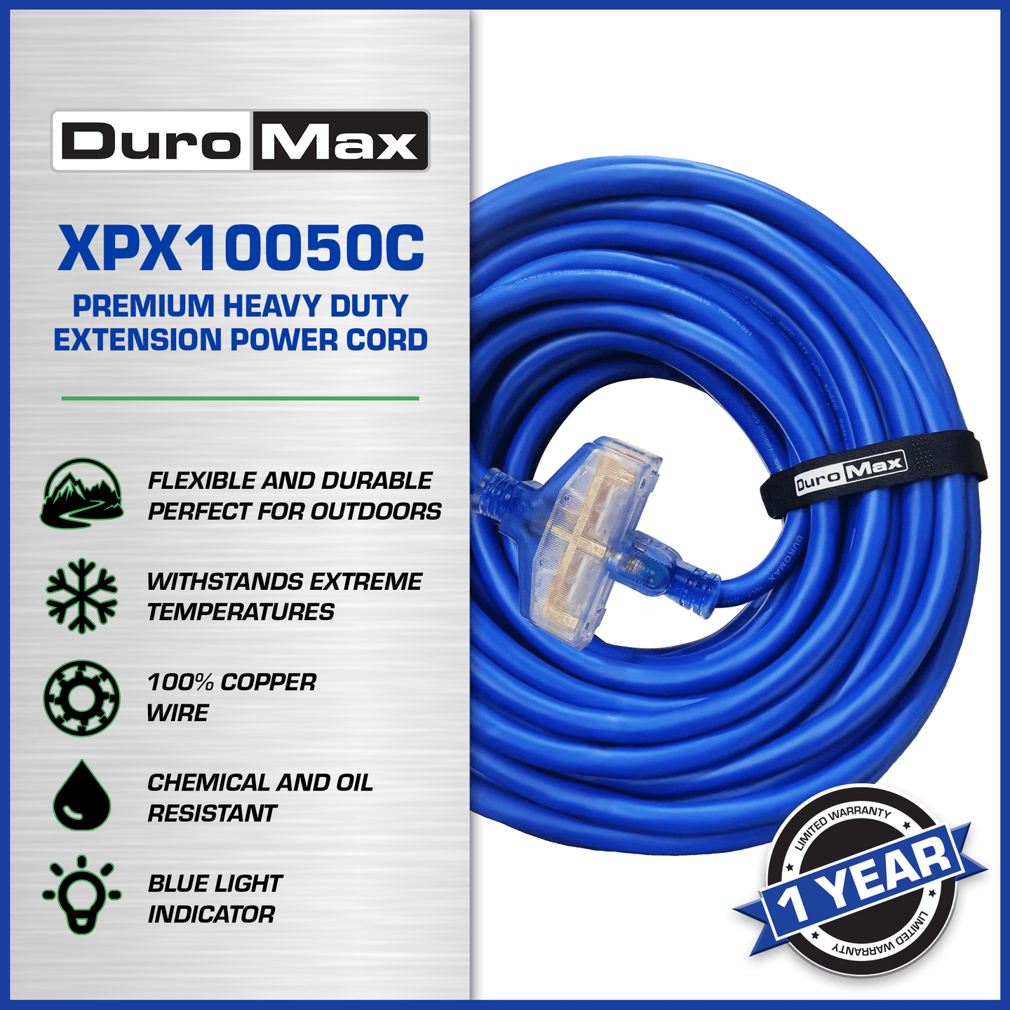 DuroMax XPX10050C Heavy Duty SJEOOW 50-Foot 10 Gauge Blue Triple Tap Extension Power Cord - ShopHubDepot