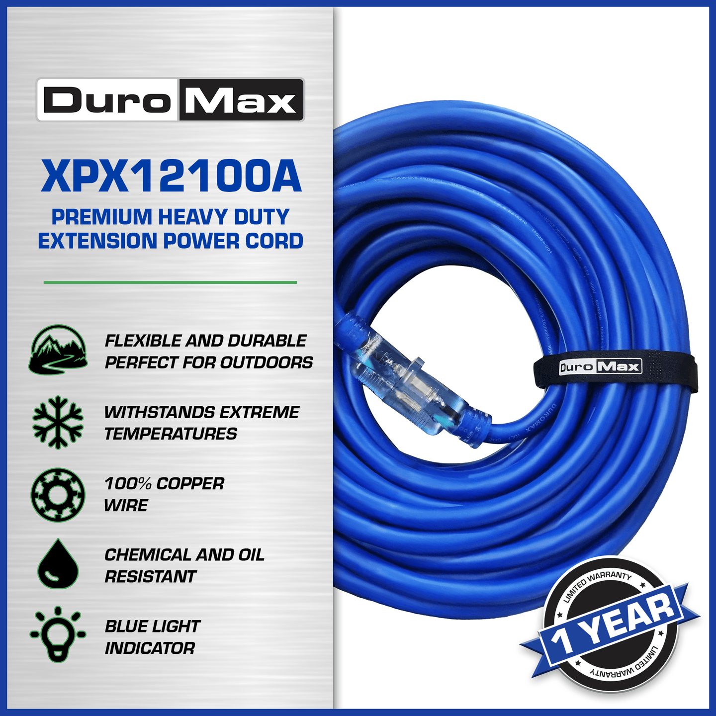 DuroMax XPX12100A Heavy Duty SJEOOW 100-Foot 12 Gauge Blue Single Tap Extension Power Cord - ShopHubDepot