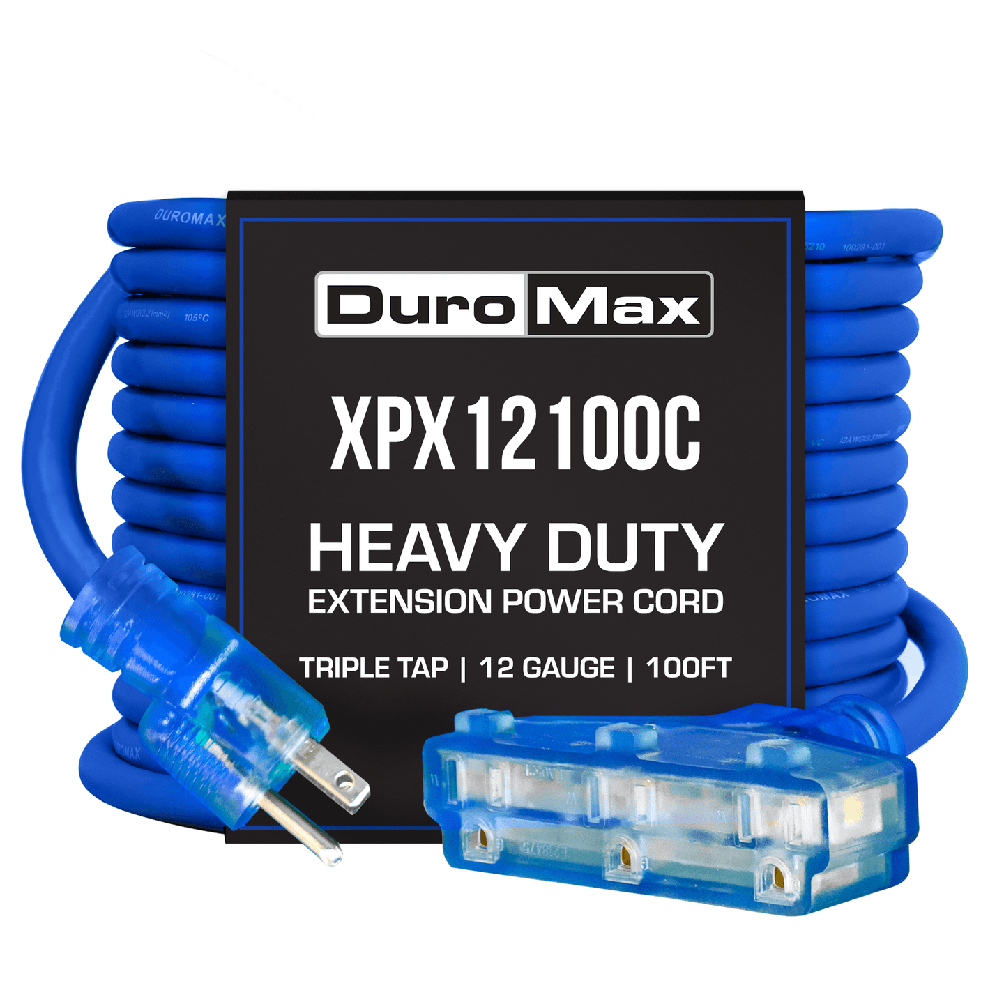 DuroMax XPX12100C Heavy Duty SJEOOW 100-Foot 12 Gauge Blue Triple Tap Extension Power Cord - ShopHubDepot