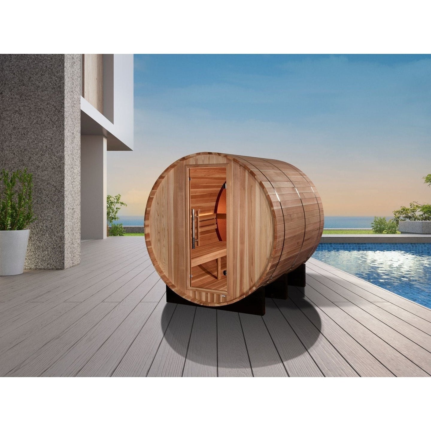 Golden Designs "Zurich" 4 Person Barrel with Bronze Privacy View - Traditional Sauna - Pacific Cedar - ShopHubDepot