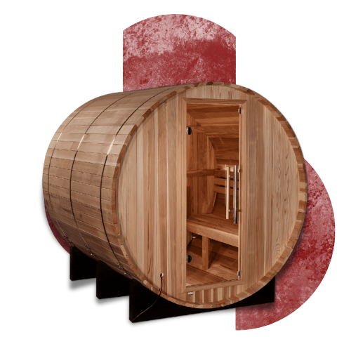 4 person barrel sauna with rustic wood design, rounded shape for efficient heat circulation, and comfortable seating for group relaxation