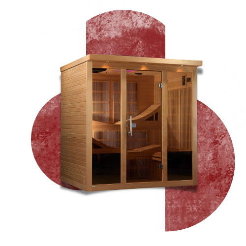 6 person sauna with spacious wooden cabin, large glass doors, and comfortable seating, designed for group relaxation and enhanced wellness at home