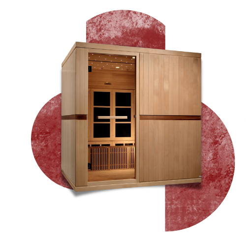 7-8 person sauna with spacious wooden cabin, ambient lighting, and large glass door, designed for comfortable group relaxation and wellness