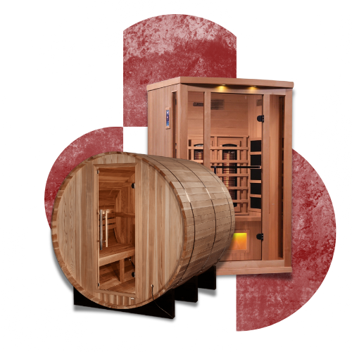 Sauna kits featuring a rustic barrel sauna and a spacious indoor sauna cabin, crafted from natural wood for relaxation and wellness at home