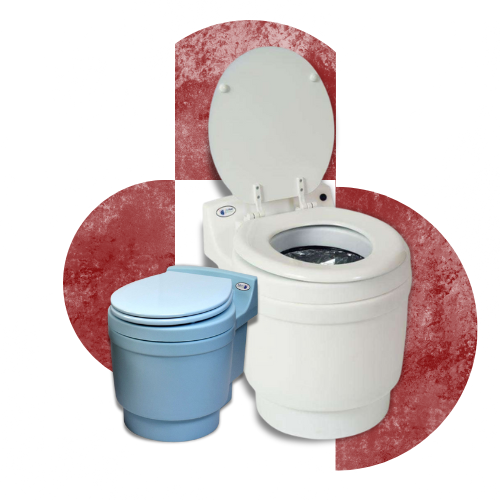 Portable toilets for sale, featuring a white and a blue compact toilet model, ideal for camping and outdoor use