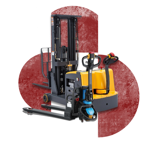 Warehouse material handling equipment, including forklifts, pallet jacks, hand trucks, and stackers, designed to improve efficiency and safety in warehouses