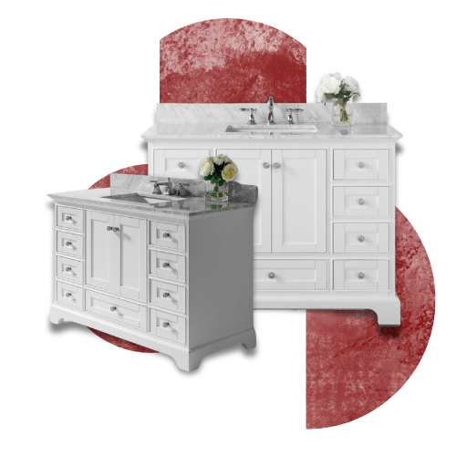 Single bathroom vanity in white with marble countertop and multiple storage drawers, perfect for compact and modern bathroom spaces