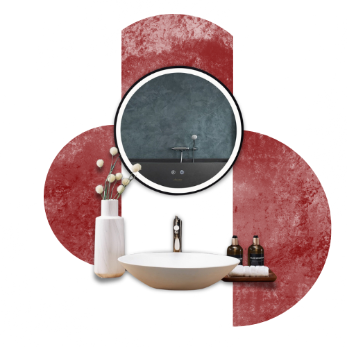 Round vanity mirror for bathroom with LED lighting, paired with a modern sink and decorative accessories, perfect for a stylish and functional bathroom setup