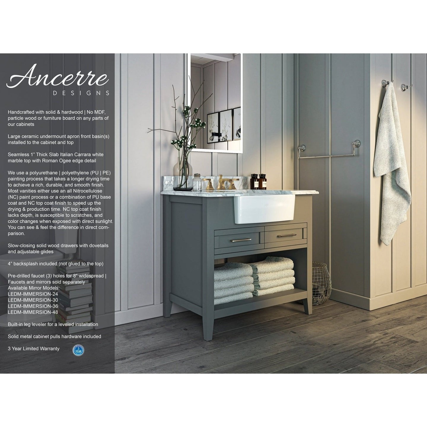 Ancerre Hayley Bathroom Vanity with Sink and Carrara White Marble Top Cabinet Set - VTS-HAYLEY-36-W-CW - ShopHubDepot