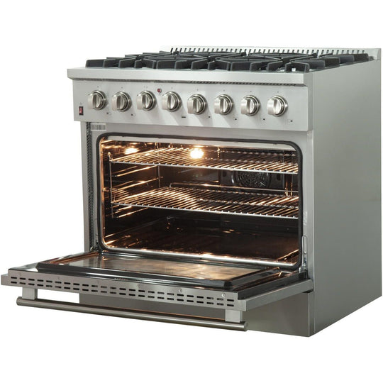 Forno Appliace Package - 36 Inch Dual Fuel Range, Wall Mount Range Hood, Refrigerator, Microwave Drawer, Dishwasher, AP-FFSGS6156-36-8