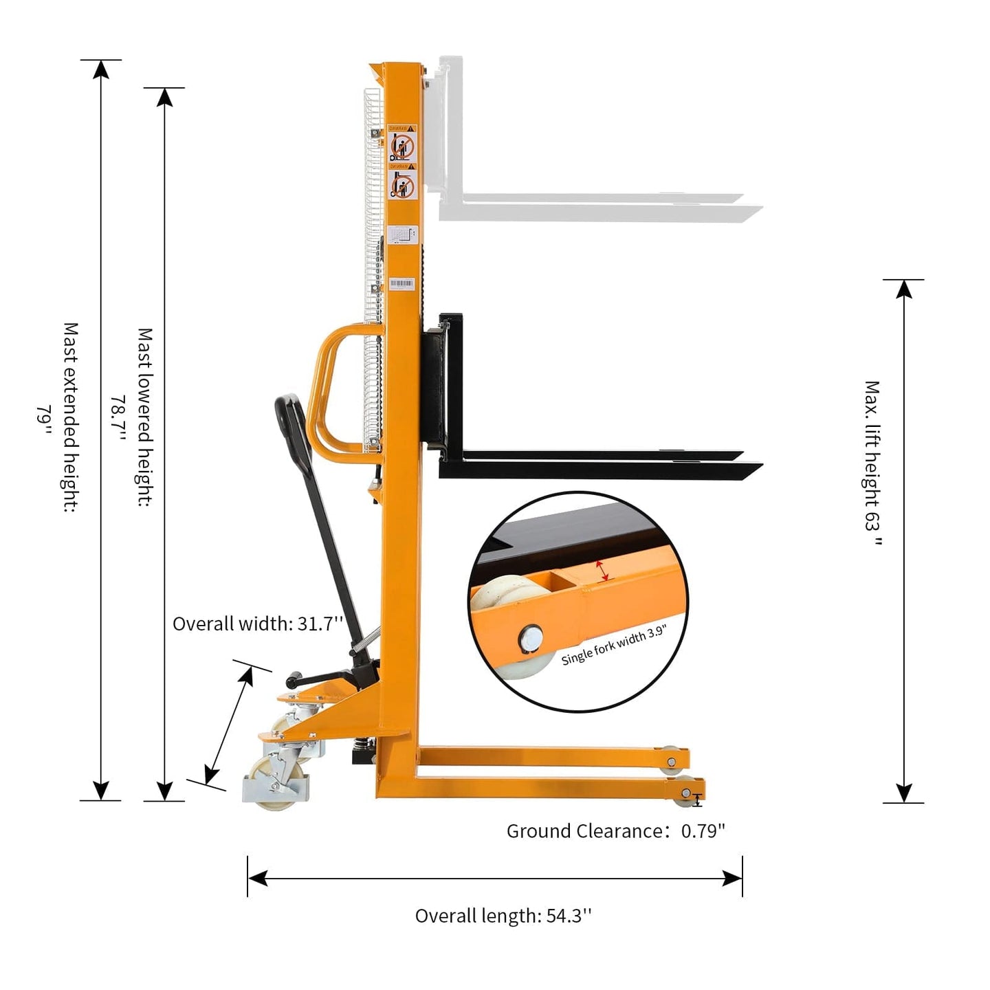 Apollolift Manual Pallet Stacker Adjustable Forks 1100lbs Cap. 63" Lift Height A-3002 - ShopHubDepot