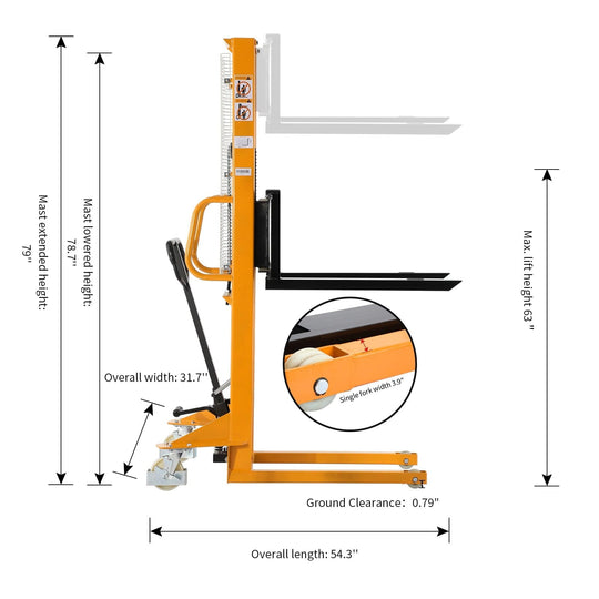 Apollolift Manual Pallet Stacker Adjustable Forks 1100lbs Cap. 63" Lift Height A-3002 - ShopHubDepot