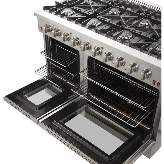 Forno Appliace Package - 48 Inch Gas Range, Wall Mount Range Hood, Refrigerator, Microwave Drawer, Dishwasher, AP-FFSGS6244-48-8