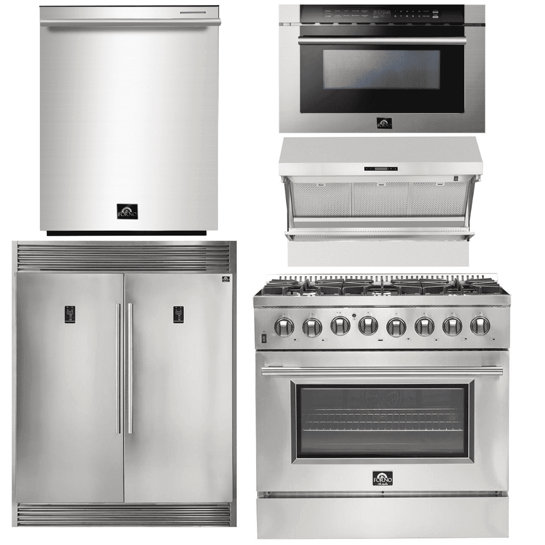 Forno Appliance Package - 36 Inch Dual Fuel Range, Wall Mount Range Hood, Refrigerator, Microwave Drawer, Dishwasher, AP-FFSGS6156-36-8 - ShopHubDepot