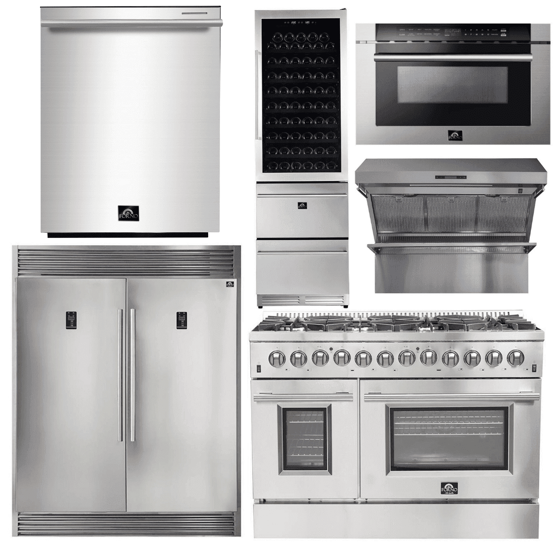 Forno Appliance Package - 48 Inch Dual Fuel Range, Range Hood, Refrigerator, Microwave Drawer, Dishwasher, Wine Cooler, AP-FFSGS6156-48-9 - ShopHubDepot