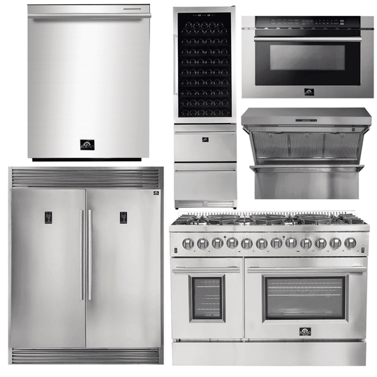 Forno Appliance Package - 48 Inch Dual Fuel Range, Range Hood, Refrigerator, Microwave Drawer, Dishwasher, Wine Cooler, AP-FFSGS6156-48-9 - ShopHubDepot