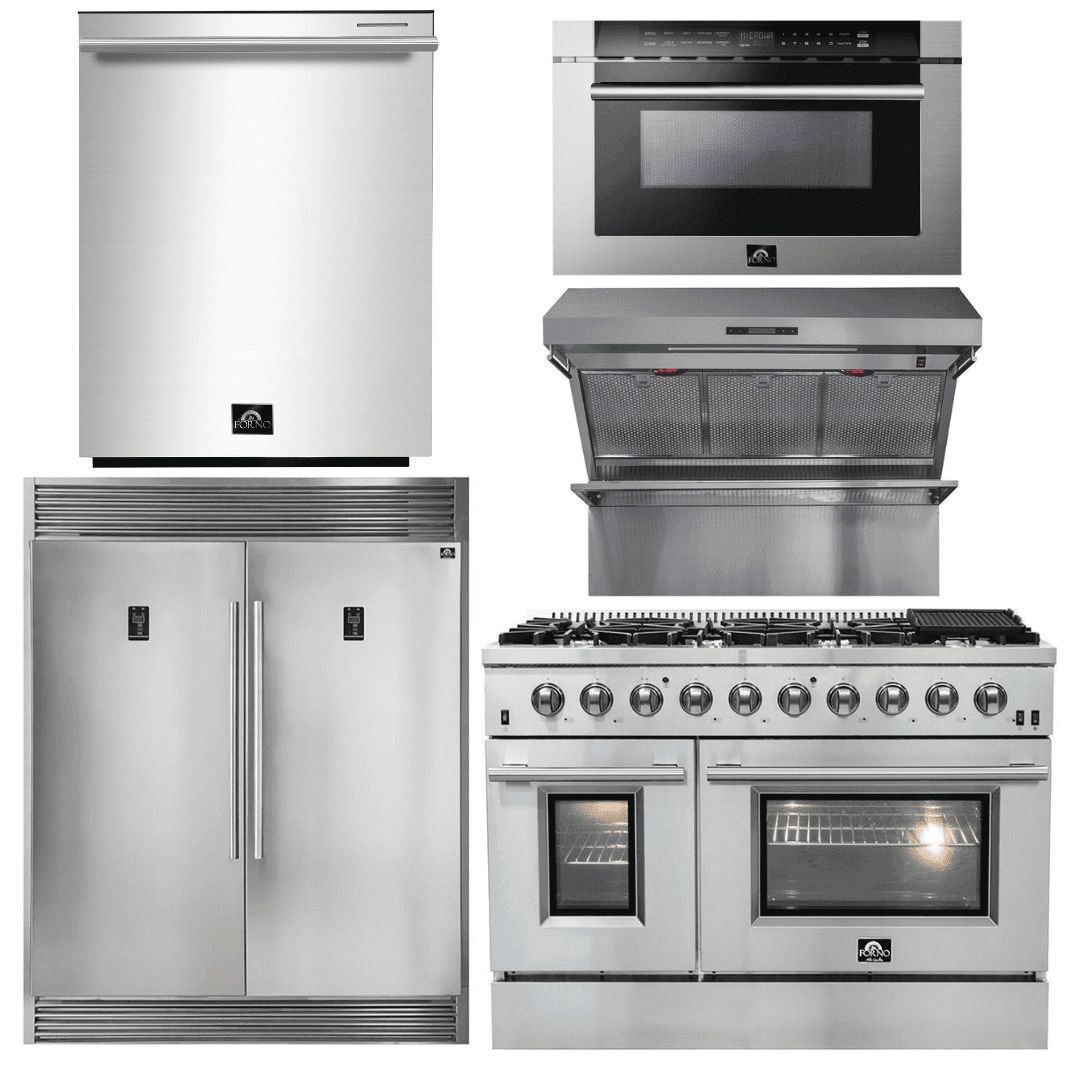 Forno Appliance Package - 48 Inch Gas Range, Wall Mount Range Hood, Refrigerator, Microwave Drawer, Dishwasher, AP-FFSGS6244-48-8 - ShopHubDepot