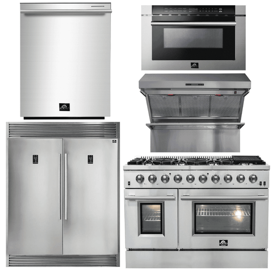 Forno Appliance Package - 48 Inch Gas Range, Wall Mount Range Hood, Refrigerator, Microwave Drawer, Dishwasher, AP-FFSGS6244-48-8 - ShopHubDepot