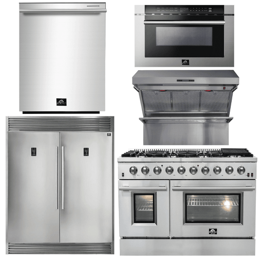 Forno Appliace Package - 48 Inch Gas Range, Wall Mount Range Hood, Refrigerator, Microwave Drawer, Dishwasher, AP-FFSGS6244-48-8