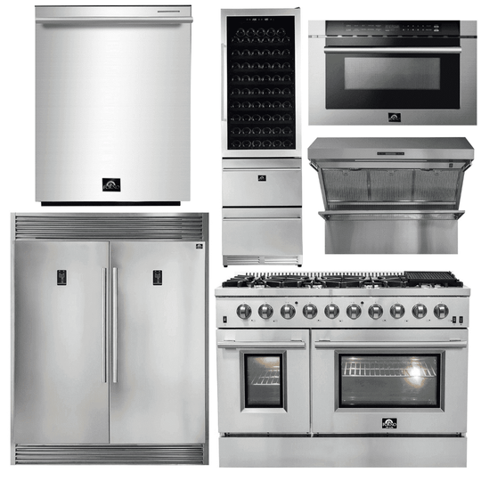 Forno Appliance Package - 48 Inch Gas Range, Range Hood, Refrigerator, Microwave Drawer, Dishwasher, Wine Cooler, AP-FFSGS6244-48-9 - ShopHubDepot