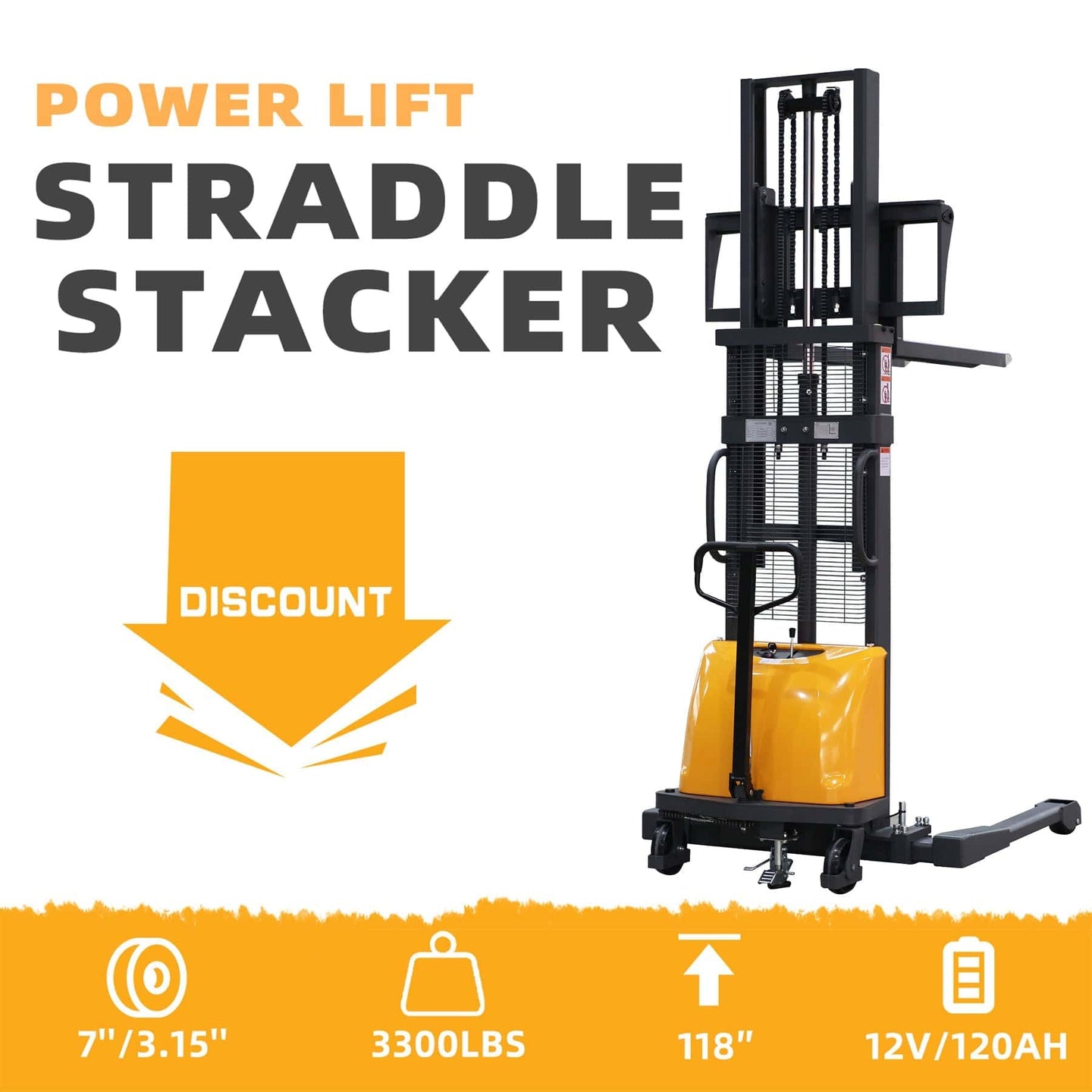 Apollolift Power Lift Straddle Stacker 3300Lbs 118"Lifting - ShopHubDepot