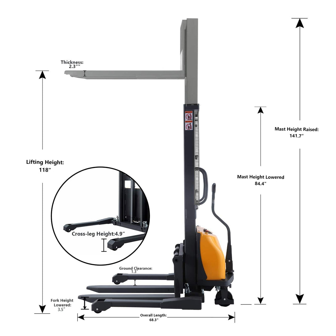 Apollolift Semi-Electric Straddle Stacker 3300Lbs Cap.118" Lifting - A-3010 - ShopHubDepot