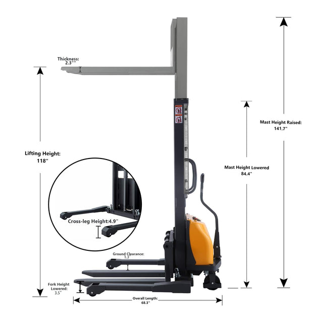 Apollolift Semi-Electric Straddle Stacker  3300Lbs Cap.118" Lifting - ShopHubDepot