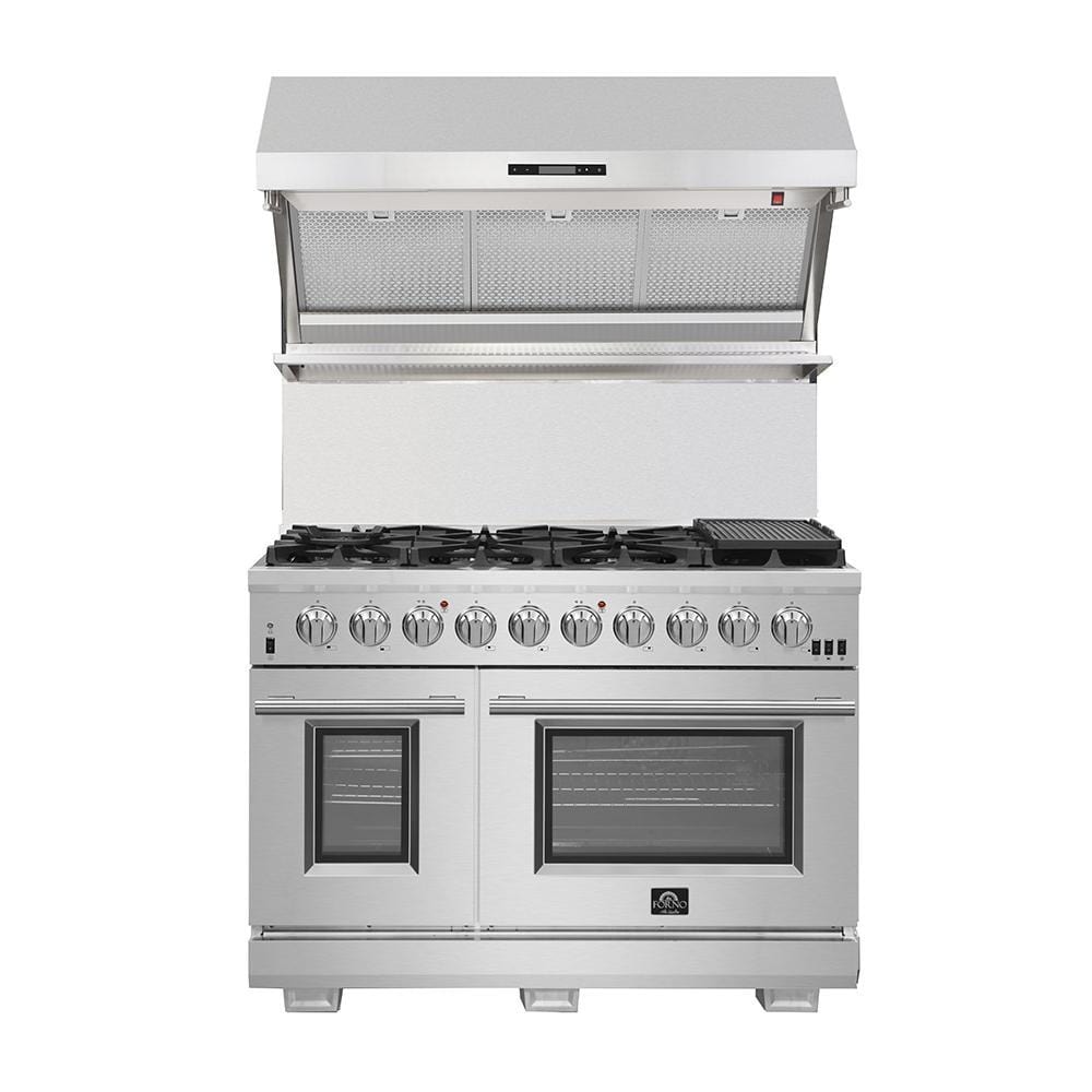 Forno Appliace Package - 48 Inch Gas Range, Wall Mount Range Hood, Refrigerator, Microwave Drawer, Dishwasher, AP-FFSGS6244-48-8