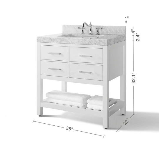 Ancerre Elizabeth Bathroom Vanity with Sink and Carrara White Marble Top Cabinet Set - VTS-ELIZABETH-36-W-CW - ShopHubDepot