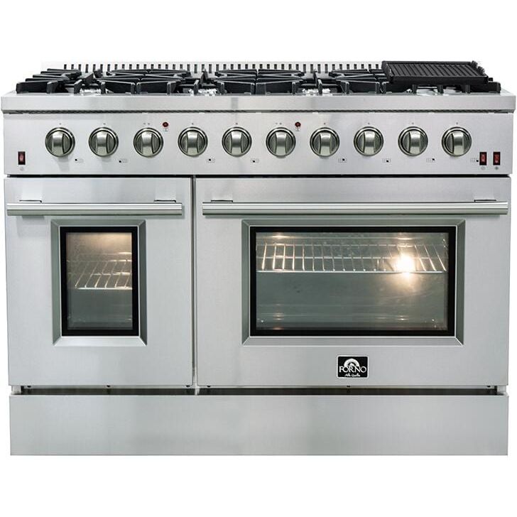 Forno Appliace Package - 48 Inch Gas Range, Wall Mount Range Hood, Refrigerator, Microwave Drawer, Dishwasher, AP-FFSGS6244-48-8