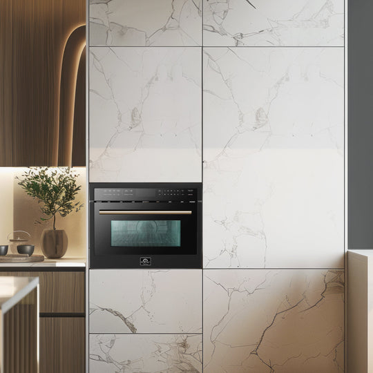 Forno Espresso 24" Built-In Microwave Oven in Black with Antique Brass Handles, FMWDR3093-24BLK - ShopHubDepot