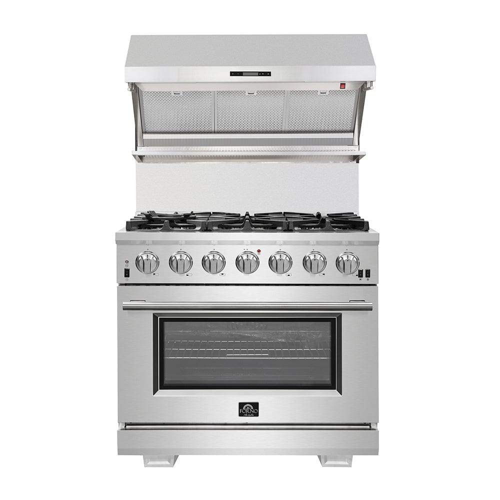 Forno Appliace Package - 36 Inch Gas Burner/Electric Oven Pro Range, Wall Mount Range Hood, Refrigerator, Microwave Drawer, Dishwasher, AP-FFSGS6187-36-8