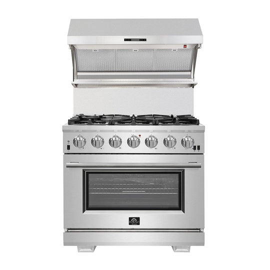 Forno Appliance Package - 36 Inch Pro Gas Range, Range Hood, Refrigerator, Microwave Drawer, Dishwasher, Wine Cooler, AP-FFSGS6260-36-9