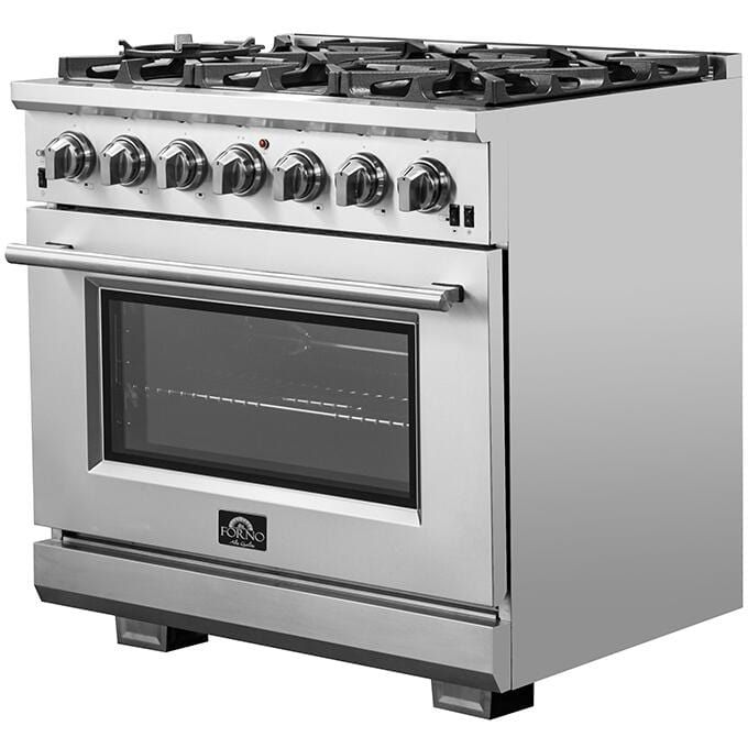 Forno Appliance Package - 36 Inch Gas Burner/Electric Oven Pro Range, Wall Mount Range Hood, Refrigerator, AP-FFSGS6187-36-W-4