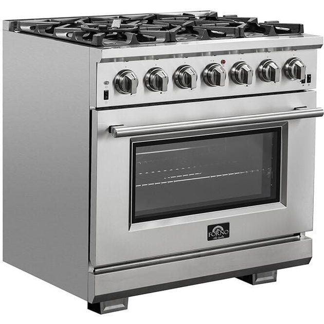 Forno Appliance Package - 36 Inch Pro Gas Range, Range Hood, Refrigerator, Microwave Drawer, Dishwasher, Wine Cooler, AP-FFSGS6260-36-W-9