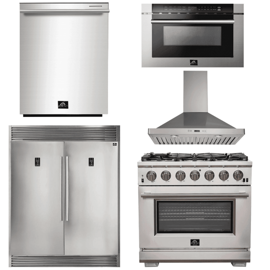 Forno Appliance Package - 36 Inch Pro Gas Range, Wall Mount Range Hood, Refrigerator, Microwave Drawer, Dishwasher, AP-FFSGS6260-36-W-8 - ShopHubDepot