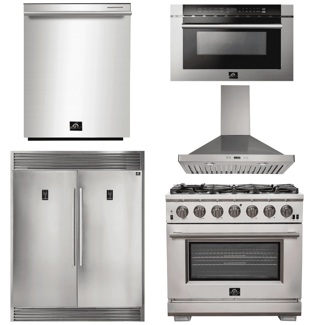 Forno Appliance Package - 36 Inch Pro Gas Range, Wall Mount Range Hood, Refrigerator, Microwave Drawer, Dishwasher, AP-FFSGS6260-36-W-8 - ShopHubDepot