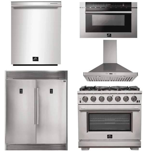 Forno Appliance Package - 36 Inch Pro Gas Range, Wall Mount Range Hood, Refrigerator, Microwave Drawer, Dishwasher, AP-FFSGS6260-36-W-8 - ShopHubDepot