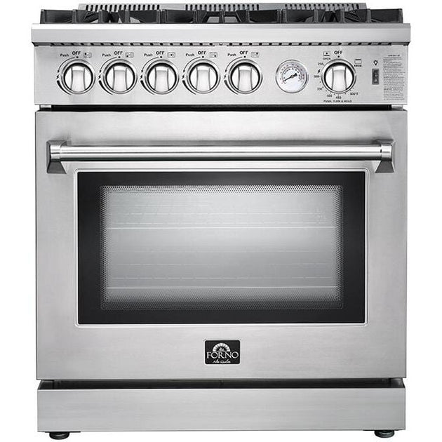 Forno Appliance Package - 30 Inch Gas Range, Range Hood, Refrigerator, Microwave Drawer, Dishwasher, Wine Cooler, AP-FFSGS6275-30-W-9