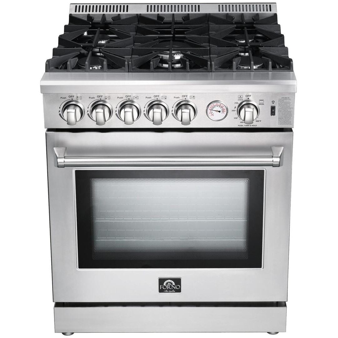 Forno Appliace Package - 30 Inch Gas Range, Wall Mount Range Hood, Refrigerator, Microwave Drawer, Dishwasher, AP-FFSGS6275-30-W-8