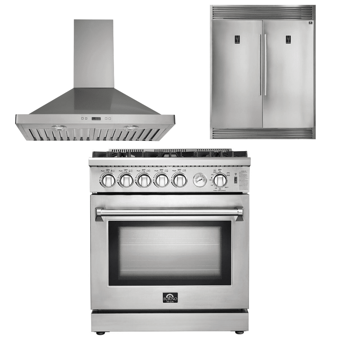 Forno Appliance Package - 30 Inch Gas Range, Wall Mount Range Hood, Refrigerator, AP-FFSGS6275-30-W-4