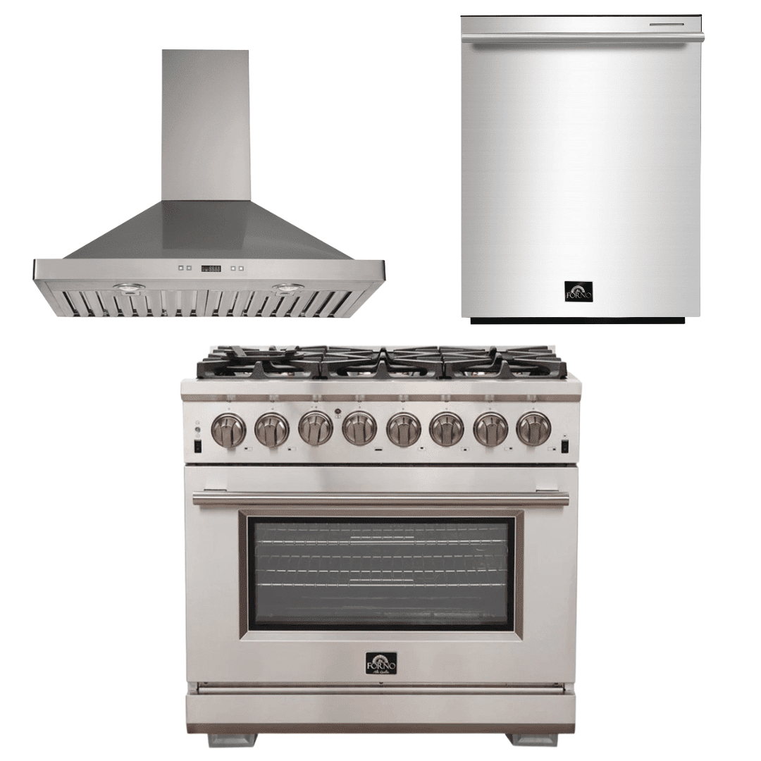 Forno Appliance Package - 36 Inch Gas Burner/Electric Oven Pro Range, Wall Mount Range Hood, Dishwasher, AP-FFSGS6187-36-W-2