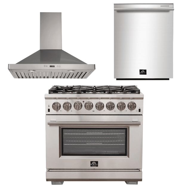 Forno Appliance Package - 36 Inch Gas Burner/Electric Oven Pro Range, Wall Mount Range Hood, Dishwasher, AP-FFSGS6187-36-W-2