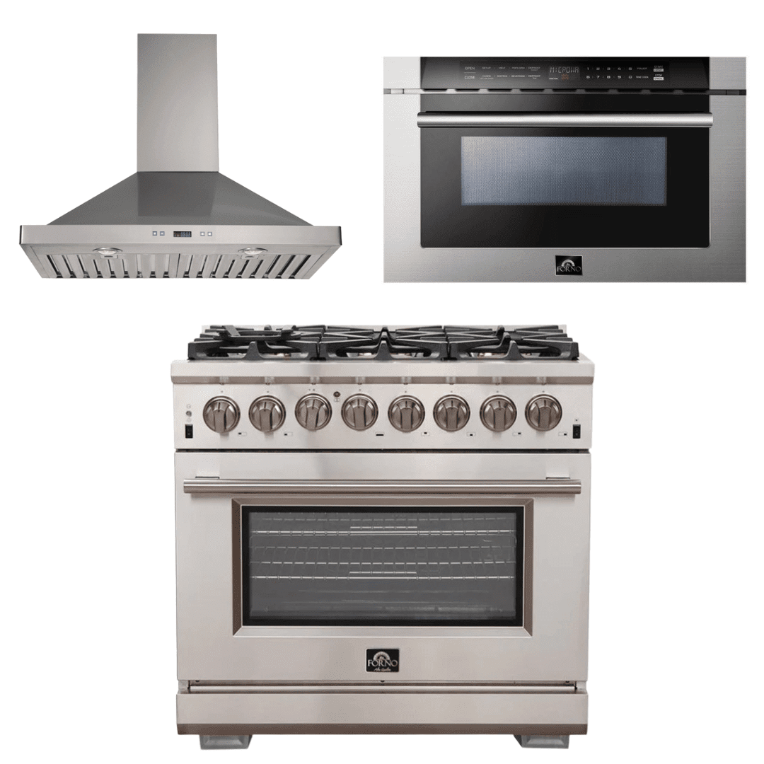 Forno Appliance Package - 36 Inch Gas Burner/Electric Oven Pro Range, Wall Mount Range Hood, Microwave Drawer, AP-FFSGS6187-36-W-3