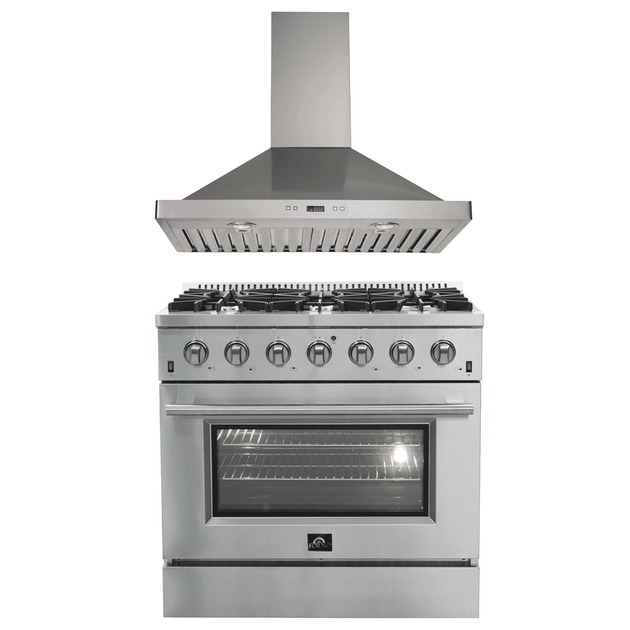 Forno Appliance Package- 36 Inch Gas Range, Wall Mount Range Hood, AP-FFSGS6244-36-W